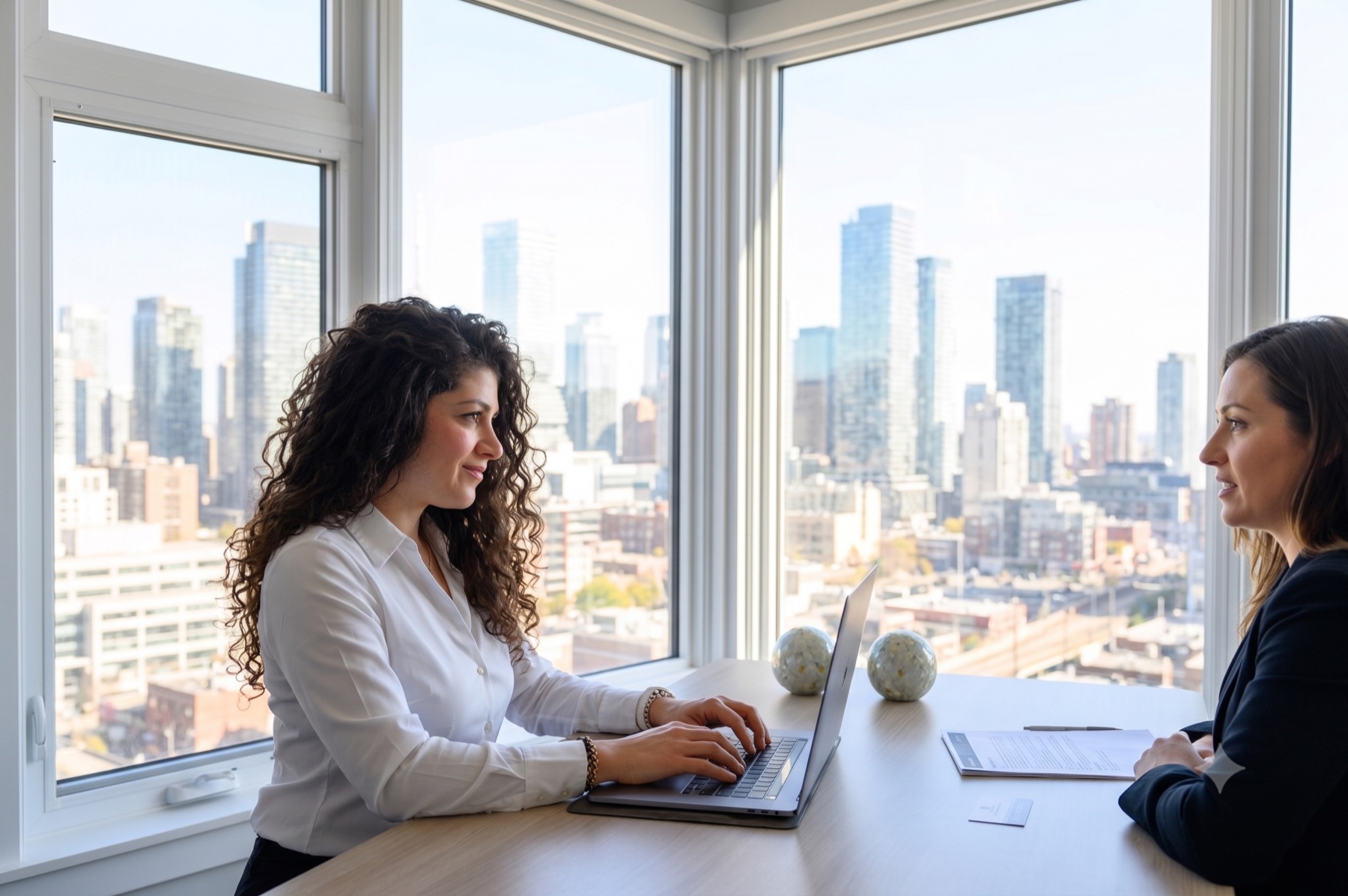 Limor Markman working at a laptop with a client